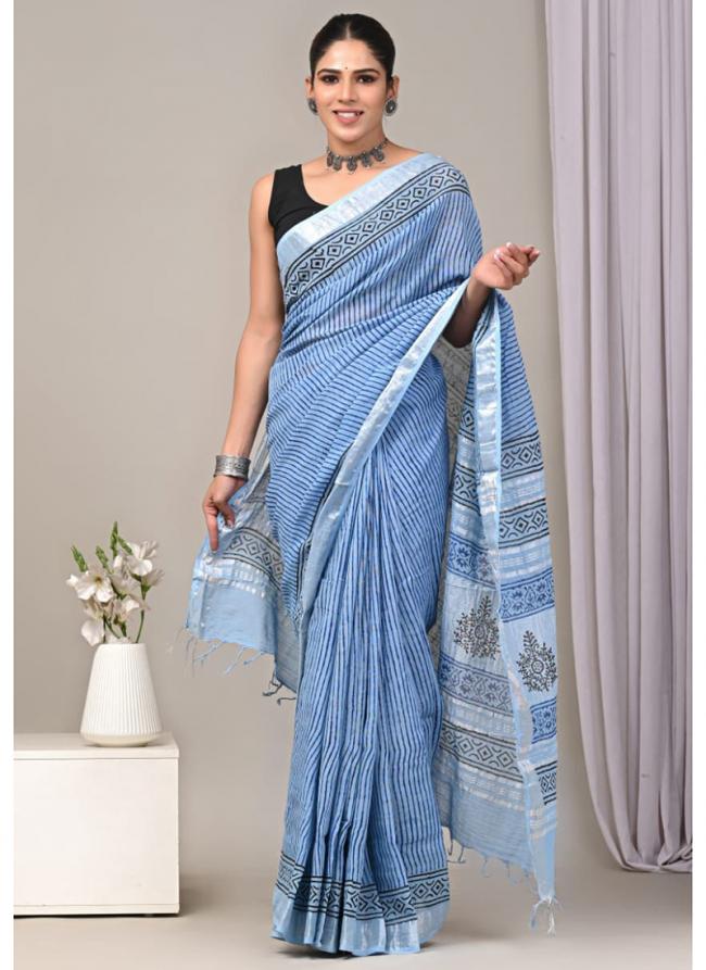 Cotton  Blue Daily Wear Printed Saree